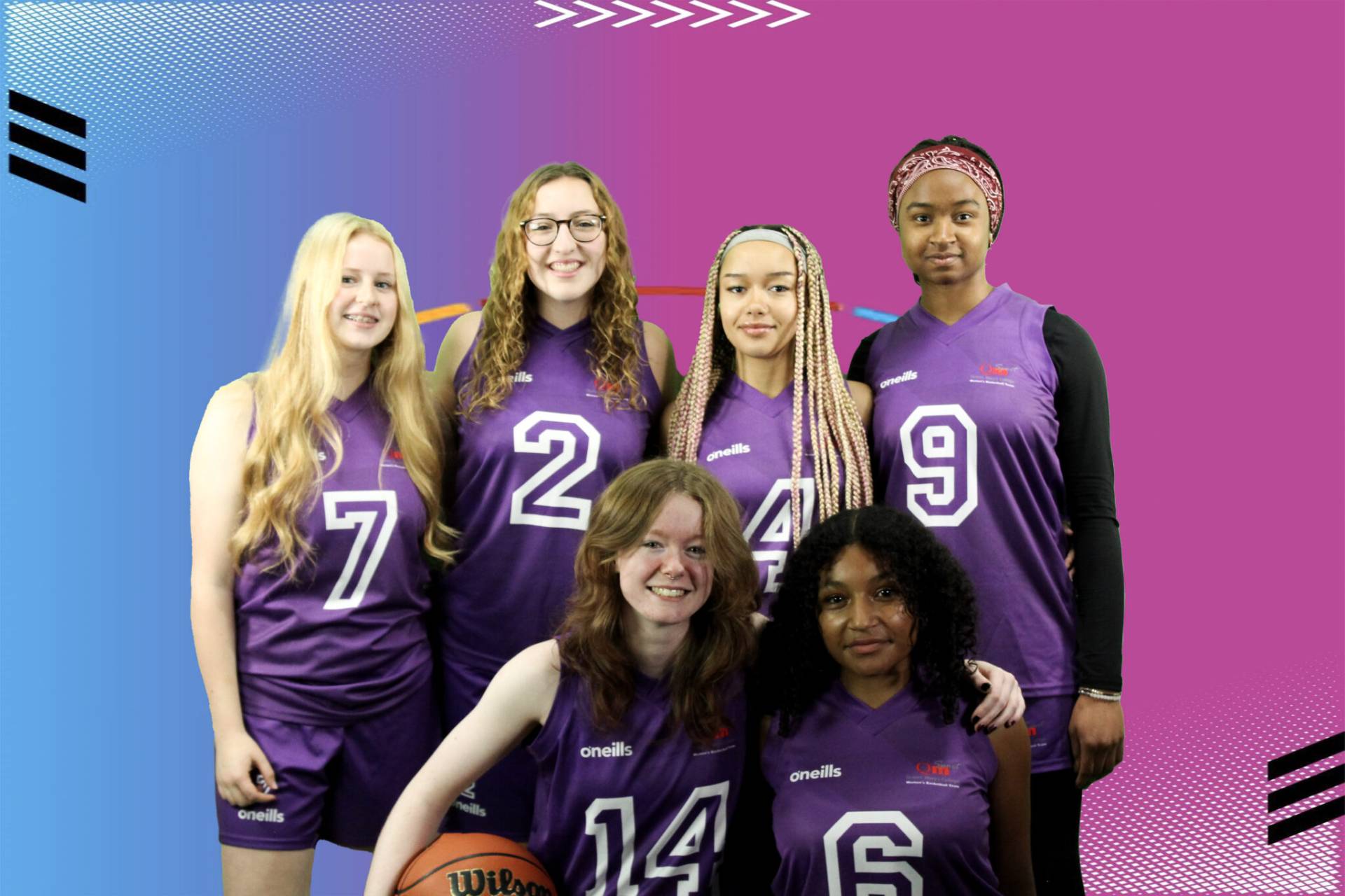 girls standing together one with a basketball in her hand