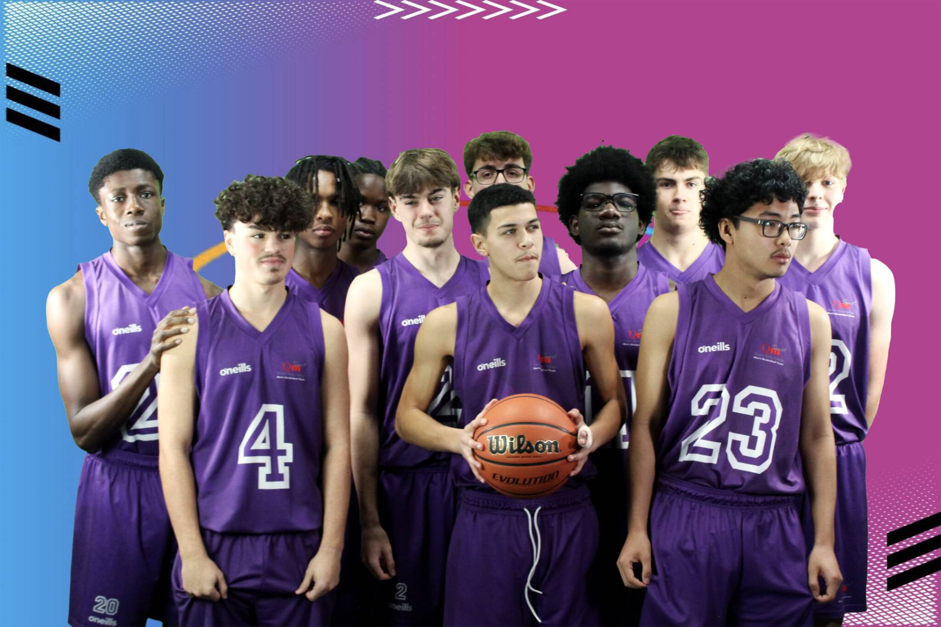 a groups of people standing one has basketball in hand