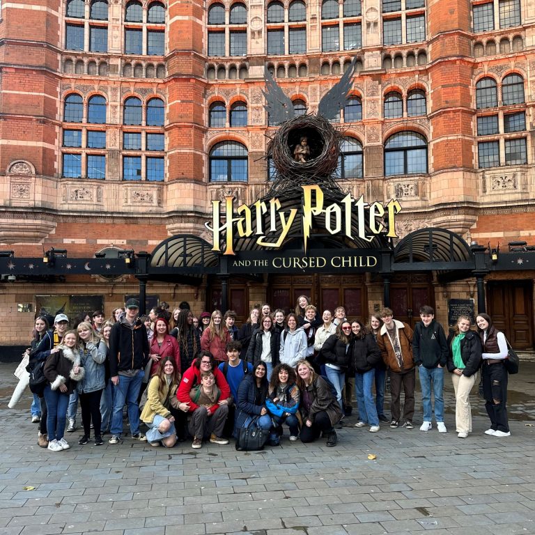 A group of QMC Performing Arts Students pictured outside the theatre before watching Harry Potter and the Cursed Child.