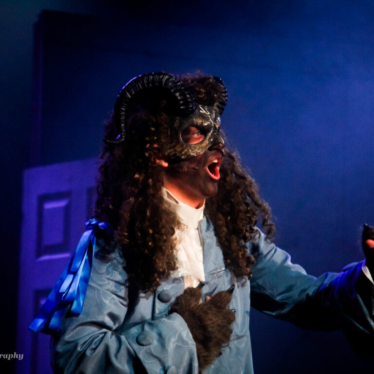 Thomas Davies on stage in the role of 'Beast' for Queen Mary's College Performing Arts Musical Production of Beauty and the Beast