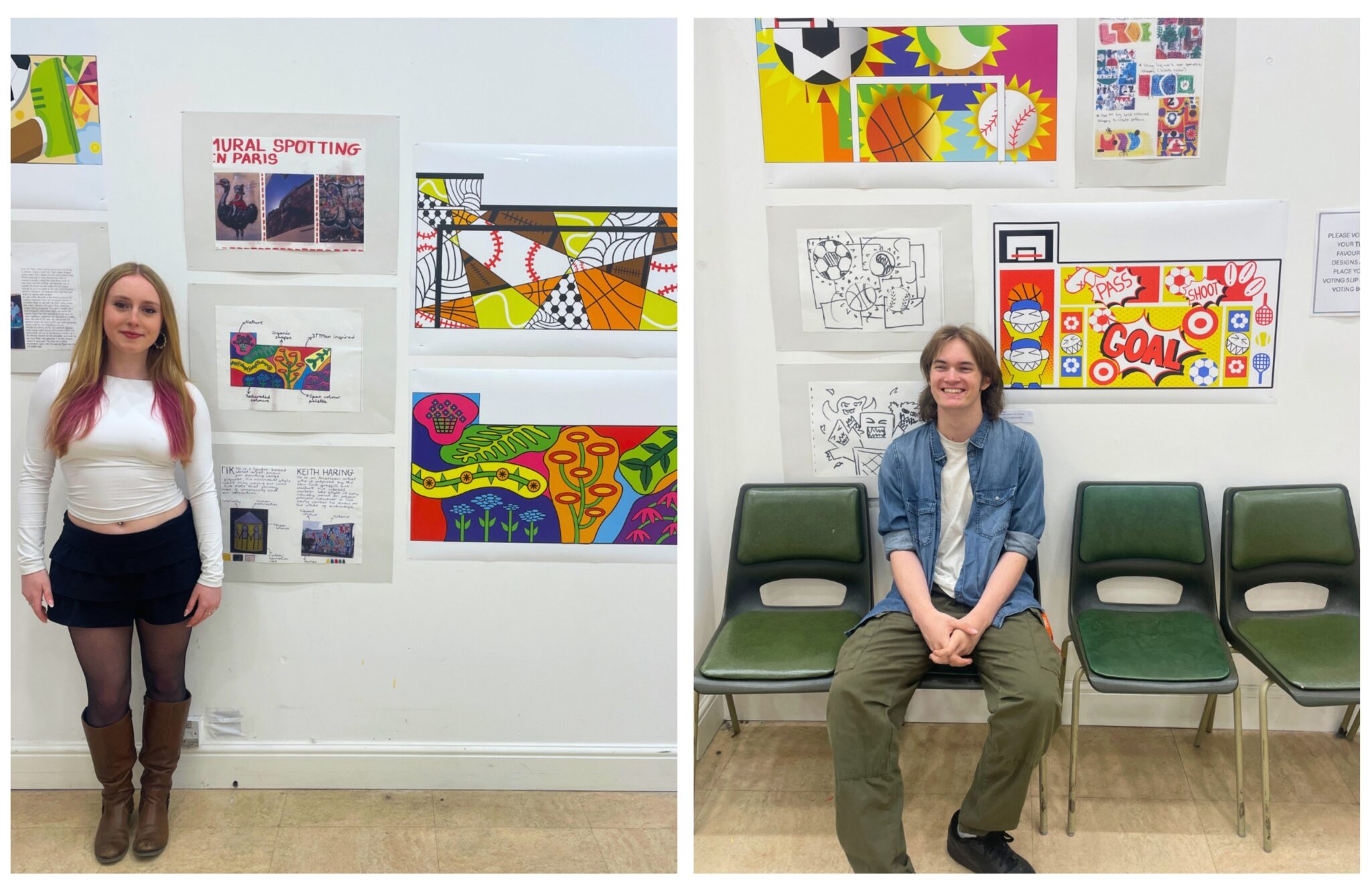 Two young people stand near displays of their artwork, which includes colorful drawings and collages on a white wall.