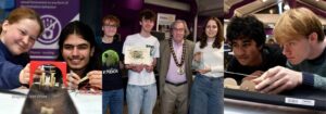 Group of students and a dignitary posing with awards at a science/engineering fair.