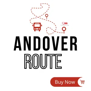 Button for Andover Bus Route with a dotted bus route map, bus icon, location pins, and a Buy Now button.