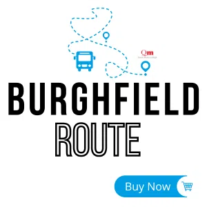 Button for Burghfield Bus Route with a dotted bus route map, bus icon, location pins, and a Buy Now button.