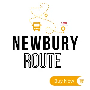 Button for Newbury Bus Route with a dotted bus route map, bus icon, location pins, and a Buy Now button.