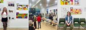 Gallery exhibition with three scenes: left a woman in a white top posing beside colorful artworks; center a crowd around art displays and a snack table; right a smiling man sits on green chairs in front of more art pieces.
