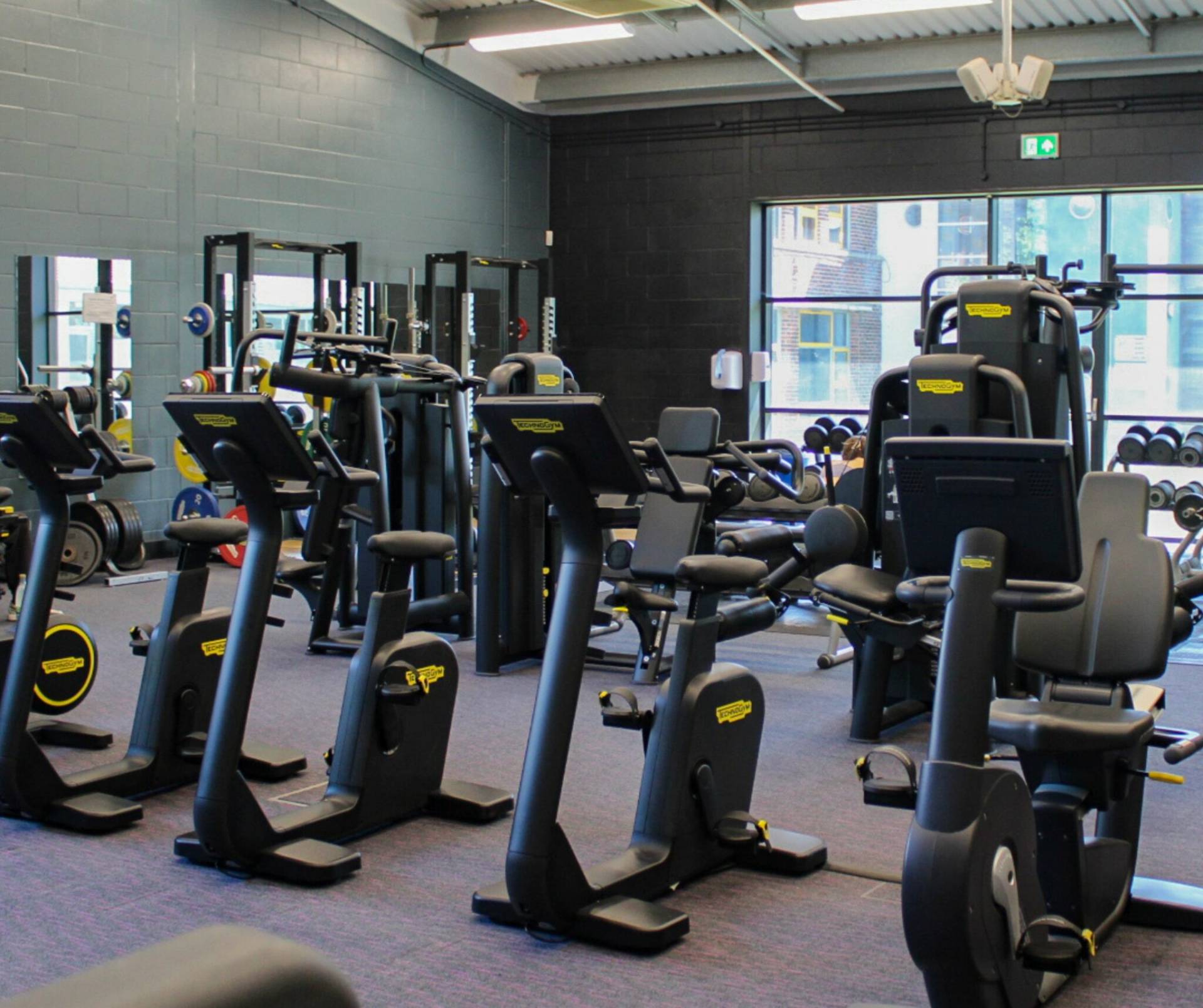 a gym with stationary bikes and treadmills
